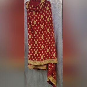 Beautiful Crimson Red Lehenga Saree & Blouse With Embroidered Zari. Sz 6